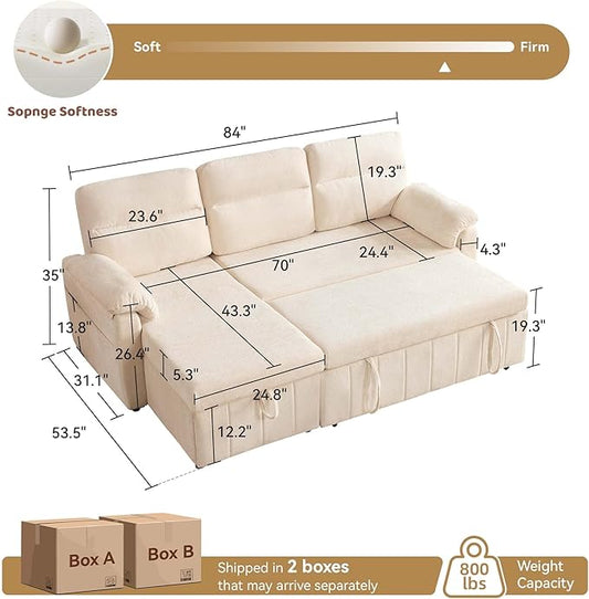 Tbfit 84'' Pull Out Sofa, 3 in 1 Sleeper Sofa Couch with USB & Storage Chaise, Cloud Sofa Bed with Pull Out Bed, Chenille Convertible Sleeper Sofas for Living Room, Small Spaces, Beige