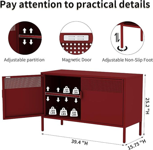 Metal Storage Locker Cabinet with 2 Doors & Adjustable Shelves, 25" Red Accent Furniture, Multipurpose Office or TV Stand for Home Entryway,Living Room