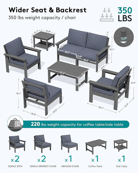 SERWALL HDPE Patio Furniture Set, 7-piece Outdoor Sectional Sofa Set, All Weather Outdoor Couch Set for Deck, Lawn, Grey Frame with Grey Cushion