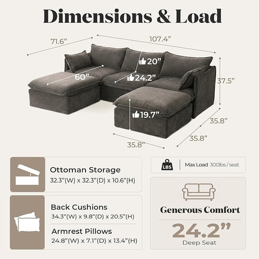 Cloud Modular Sectional Sofa, Oversized Deep Seat Comfort, Luxe Chenille | Fully Removable Washable Covers, Memory Foam Seat Cushions, Storage Ottoman, Premium Fabric