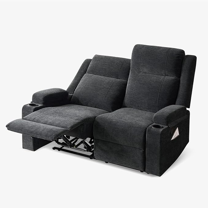 55" RV Loveseat Recliner – Space-Saving Double Reclining RV Sofa, Compact Theater Seating with Cup Holders & Storage Pocket, Black Chenille Couch for Camper, Motorhome & Home Theater