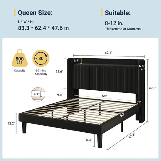 Allewie Queen Size Platform Bed Frame with USB Charging Station and Storage Shelf/Upholstered Velvet Wingback Headboard/Wooden Slats Support/No Box Spring Needed/Easy Assembly, Black