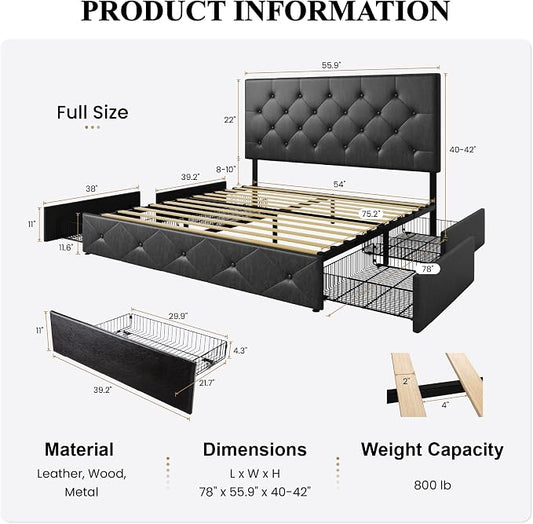 SHA CERLIN Upholstered Full Platform Storage Bed Frame with 4 Drawers, Adjustable Headboard with Faux Leather Diamond Button Tufted Design, Wooden Slat Support, No Box Spring Needed, Black