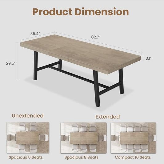 GarveeHome 63-83" Extendable Dining Table, Industrial Rectangular Dining Room Table for 6-8 People, Expandable Kitchen Table with Heavy Duty Metal Frame for Dining Room, Kitchen & Parties, Grey
