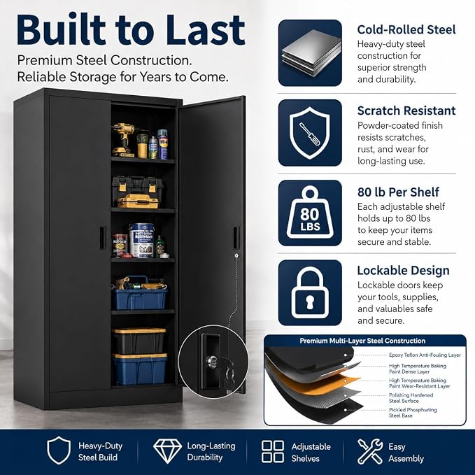 71" Black Metal Storage Cabinet with Lock & Adjustable Shelves - Heavy Duty Garage, Pantry & Office Cabinet with Adjustable Feet, 4 Shelves & Doors for Home Organization