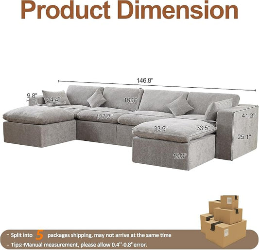 146''Cloud Boneless Sectional Couch, Modular Sectional Sofa Deep Seat with 2 Ottomans, Oversized Upholstered Convertible Comfy 6 Seater Chenille Sofa U Shape Couches for Living Room, Light Grey