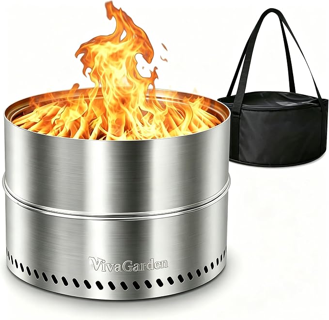 19.5'' Stainless Steel Smokeless Wood Burning Fire Pit, Portable Outdoor Firepit with Easy Setup & Compact Storage for Camping, Patio, Yard & Garden Gatherings