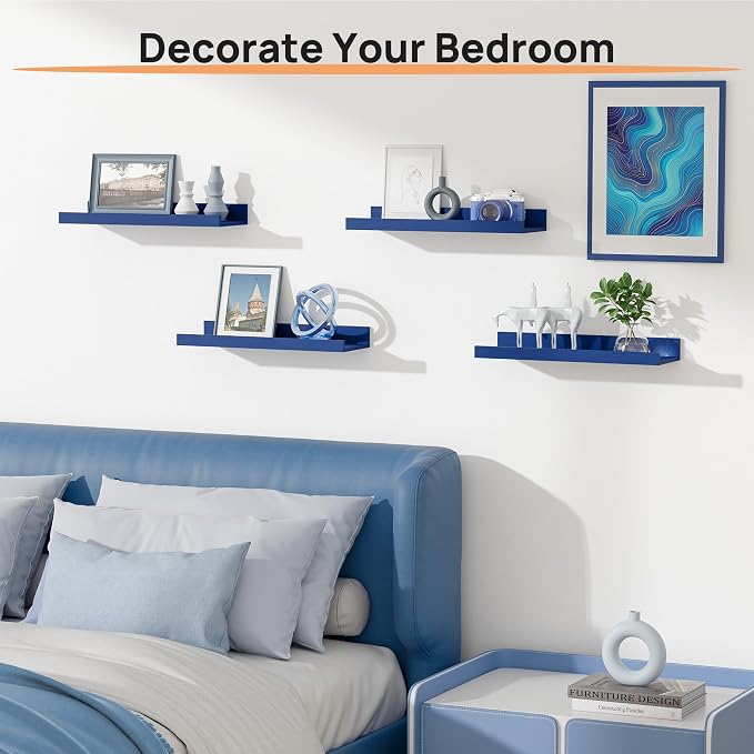 upsimples Floating Shelves for Wall, Wall Shelves for Decor Storage Set of 6, Wall Mounted Wood Shelf for Bedroom, Living Room, Bathroom, Kitchen, 15.7 inch Long Picture Ledge Shelf, Navy Blue