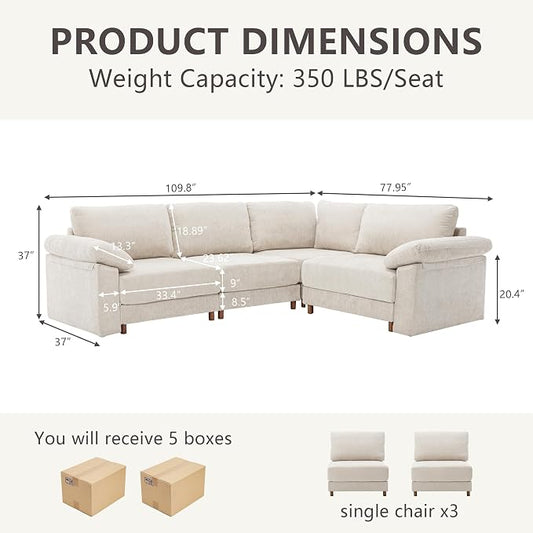 Oversized Modular Cloud Couch with Removable Washable Cover, L -Shaped Sectional for Large Living Room, Plush Chenille & Deep Seat(Beige)
