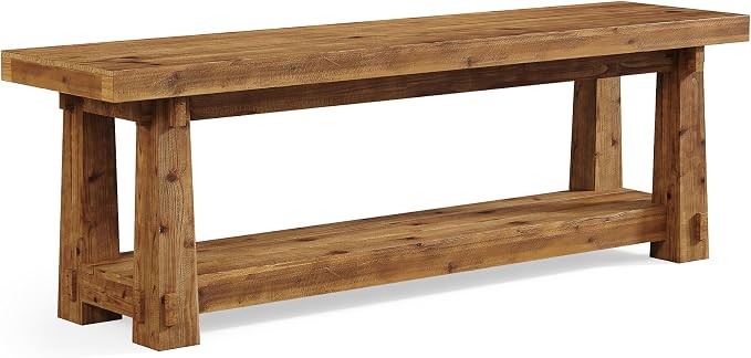 55" Solid Wood Entryway Bench with Shoe Storage, Rustic Hardwood Finishes Foyer Bench with Open Shelf for Hallway, Mudroom, Bedroom, Easy Assembly