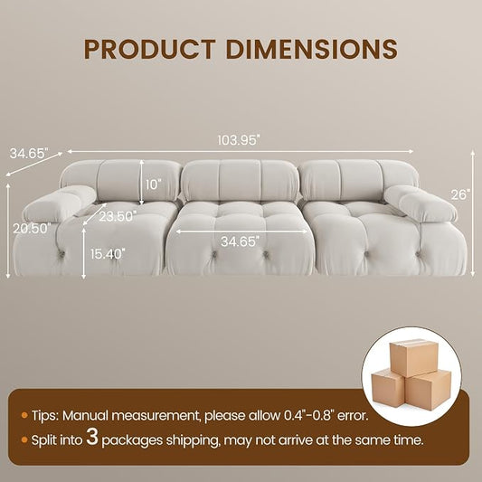Convertible Modular Sectional Sofa, Modern Velvet Sofa 3-Seater Couch for Living Room, Apartment (104 in/Beige)