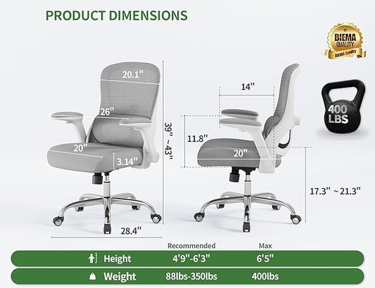 Ergonomic Office Chair: 400LBS Office Computer Desk Chair with High Back Mesh and Adjustable Lumbar Support Rolling Work Swivel Task Chairs with Wheel 3D Armrests, Ergo Gaming Chair (Grey)
