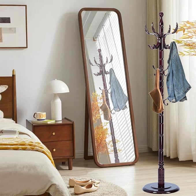 Wooden Coat Rack Freestanding, Hall Tree Hanger With Resin Hooks, Adjustable Heavy Duty Coat Rack for Hanging Clothes Bags Hats in Living Room Bedroom (coat rack, Round Base-Phoenix hook)