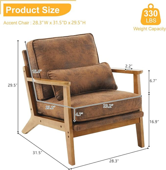 Karl home Mid-Century Lounge Accent Chair, Brown | Wide Curved Armrest, Bronzing Cloth, Lumbar Pillow Included, Solid Wood Frame, For Living Room, Bedroom, Balcony, Apartment