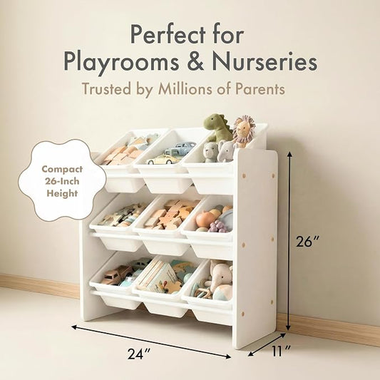 Humble Crew Toy Storage Organizer with 9 Removable Storage Bins for Kids Playroom, 3-Tier Toddler Toy Organization and Storage, White/White