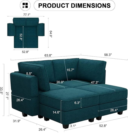 Bellfin Modular Sectional Sleeper Sofa Convertible Sofas with Storage Ottomans Small Sectional Couches for Living Room. Peacock Blue Couch