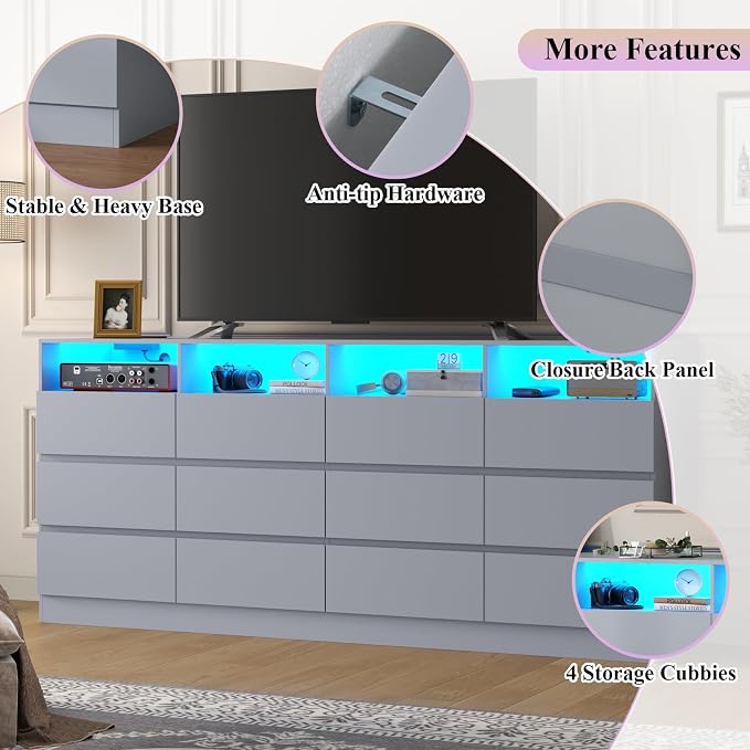 Gyfimoie 6-Drawer Dresser with Divided Compartments, Charging Station & LED Lights, 63" Wide TV Stand for TVs up to 75", Large Organizer with 4 Open Cubbies, Light Grey (Light Grey, 6 Drawers)