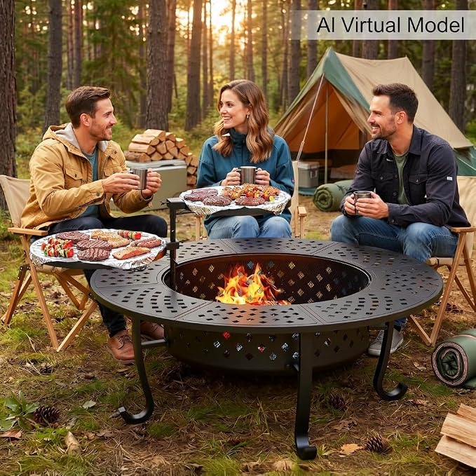 Outdoor Fire Pit, 48" Fire Pit for Outside Wood Burning with Adjustable 2 Grills, Firepit with Lid and Fire Poker, BBQ, Bonfire, Round Outdoor Fireplace 3 in 1 for Patio, Backyard, Garden, Camping