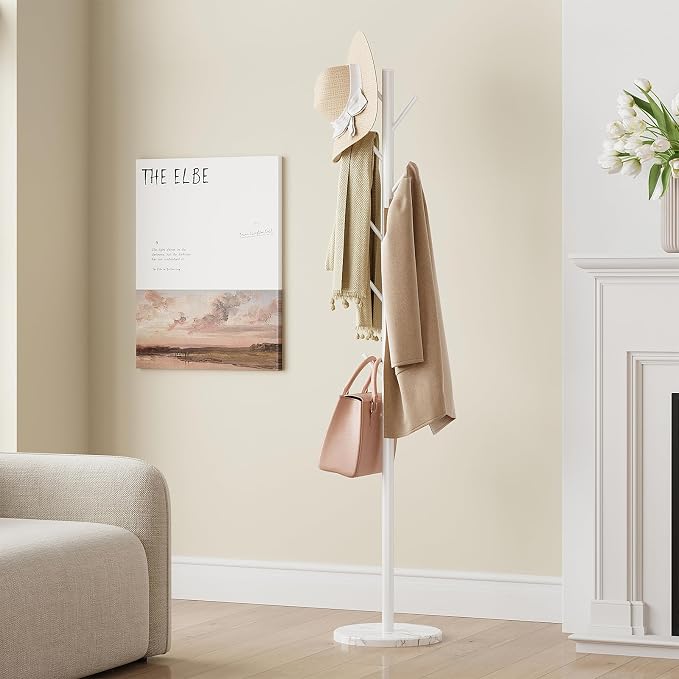 ELYKEN Coat Rack Freestanding with Natural Marble Base, Metal Coat Rack Stand with 10 Hooks, 3 Adjustable Size Coat Tree for Bags, Clothes, and Hats for Entryway, Bedroom, Hallway, Office, White