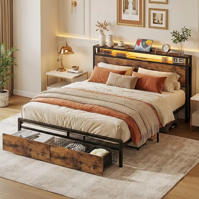 LIKIMIO Queen Bed Frame with Storage Headboard, Queen Size Bed Frame with Charging Station & 2 Drawers, No Box Spring Needed, Easy Assembly