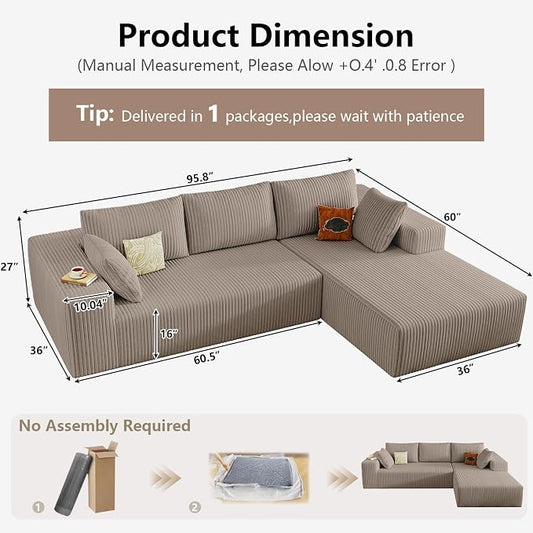 95" Cloud Sectional Couch with L-Shape Chaise, Modular Comfy Sofa Chaise Longue, Upholstered Corduroy Couches Sleeper with Deep Seat for Living Room Bedroom, No Assembly Required(Camel, Right Facing)