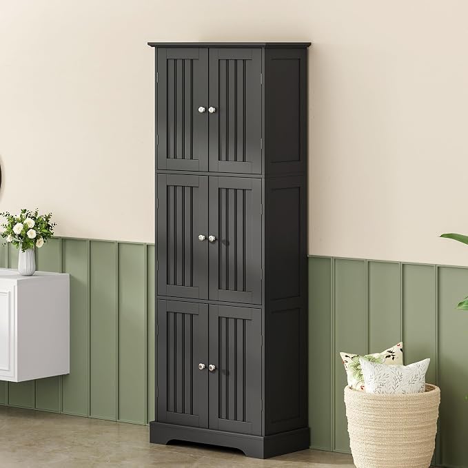 ChooChoo Tall Bathroom Storage Cabinet with 6 Doors, Freestanding Floor Cabinet with Adjustable Shelves, Black Pantry Cabinet for Bathroom, Kitchen, Laundry Room