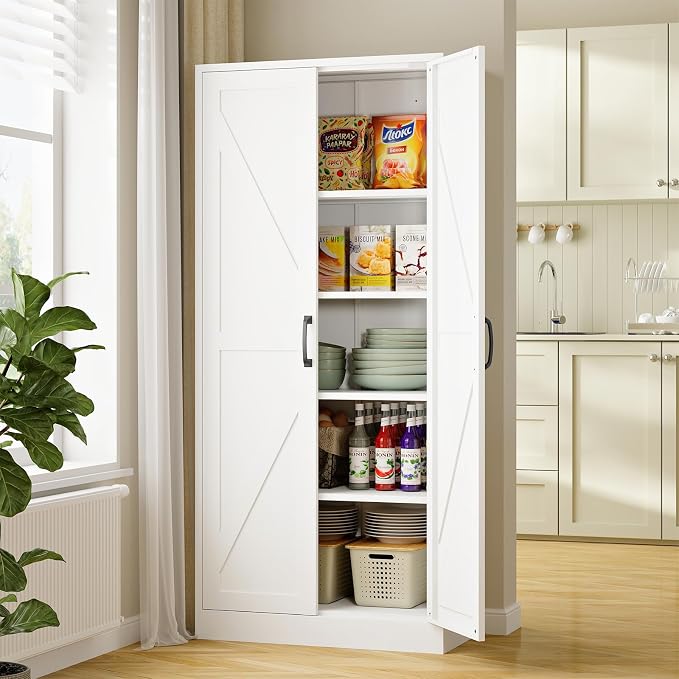 RAVIGIN Farmhouse Storage Cabinet,61" H Metal Pantry Cabinet with Barn Doors and Adjustable Shelves,61" H 4-Tier Rustic Pantry Organizers for Kitchen,Dining Room,White