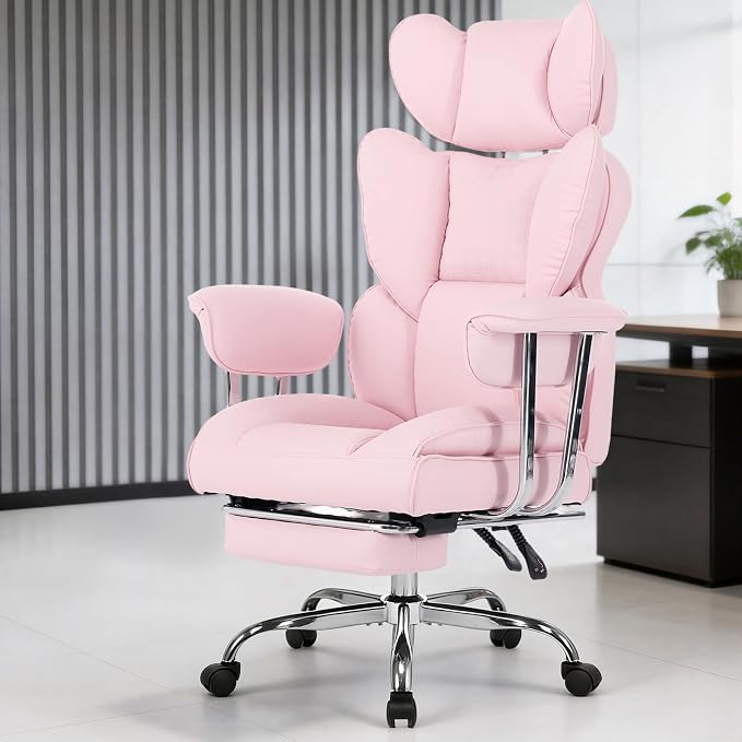 DUMOS Big and Tall Office Chair 400 LBS, Scratch-Resistant PU Leather Executive Office Desk Chair with Footrest, Ergonomic Reclining Computer Chairs with Pocket Spring Support, Pink
