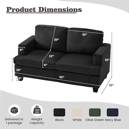 Apicizon 63" Loveseat Sofa Couch, Cloud Couch Lounge Sofa with 2 Cushion for Bedroom, Corduroy Lounge Sofa for Living Room Aparment, Dark Grey