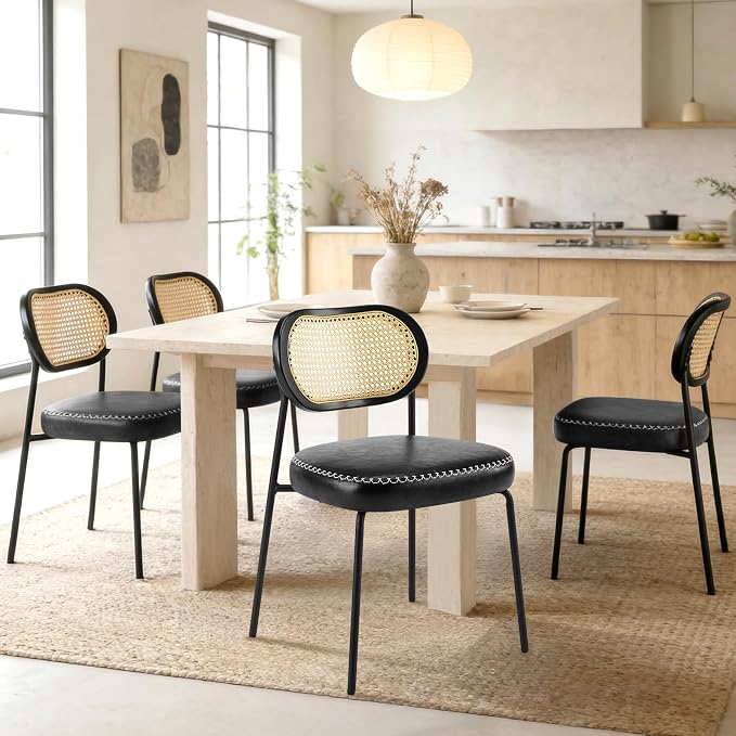 Rattan Dining Chairs Set of 2, Upholstered Dining Chairs with Handwoven Cane Back, Mid Century Modern Kitchen & Dining Room Chairs with Thick Cushion and Metal Frame, 300 lbs Capacity, Black