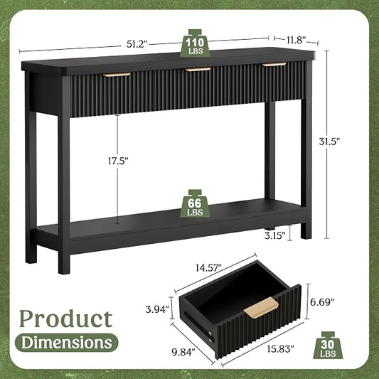 Lulive Fluted Console Table, 51 Inch Entryway Table with 3 Drawers | Scandi farmhouse look with quiet full-extension slides, open lower shelf, profile for hallway, entry, foyer or behind sofa.