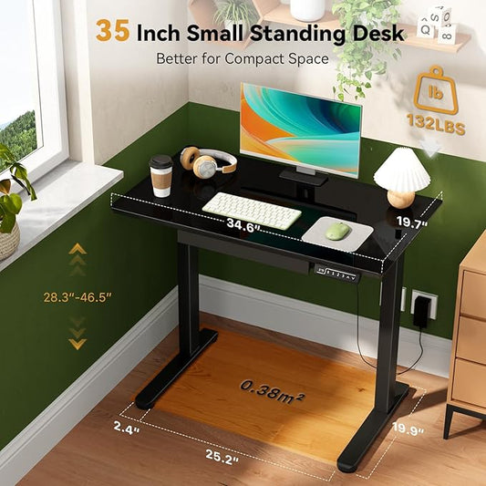 Gibbon Mounts Glass Standing Desk with Drawer, Electric Sit Stand Desk with Wheels, 35×20Inch Whole Piece Height Adjustable Rising Table, Small Computer Workstation, Black