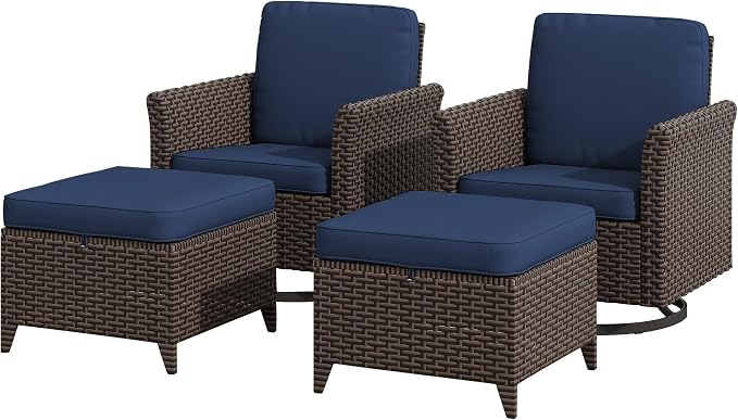 4 Pieces Patio Furniture Set, 2 High Back Swivel Chairs & 2 Ottomans, All-Weather PE Wicker Furniture with Waterproof Cushions for Deck, Garden, Porch