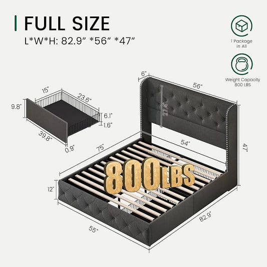 LARMACE Full Size Bed Frame with 4 Storage Drawers and 47.2" Tall Wingback Headboard Linen Upholstered Platform Bed Frame Tufted Beds with Wooden Slats Support, Easy Assembly, Dark Grey