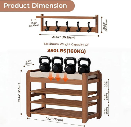 27.6" Bamboo Shoe Bench with Cushion, 5 Hooks Coat Rack, 3-Tier Adjustable Storage Bench for Entryway, Heavy Duty Shoe Rack Organizer with Removable Soft Cushion for Living Room Bedroom Hallway