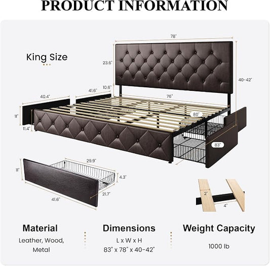SHA CERLIN Upholstered King Size Platform Bed Frame with 4 Storage Drawers, Adjustable Headboard with Diamond Stitched Button Tufted Design, Wooden Slat Support, No Box Spring Needed, Black Brown