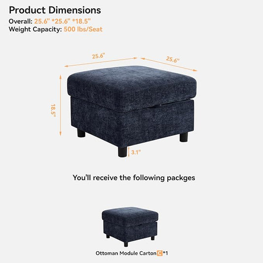 WUTUTUEE 25'' Square Storage Ottoman Module for Modular Sectional Sofa, Living Room Coffee Table Sectional Ottoman Footrest for Convertible Couch, Chenille Navy