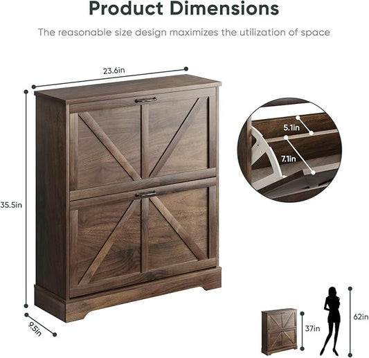 Smart FENDEE Shoe Cabinet, Shoe Storage Cabinet for Entryway with 2 Flip Drawers, Narrow Farmhouse Shoe Organizer Cabinet, Slim Shoe Rack Cabinet, 31.5in Walnut