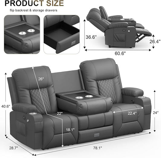 YONISEE 3 Seat Recliner Sofa with Flip Backrest Design, Loveseat Reclining Sofa with Storage Drawer, USB Ports, 2 Cell Phone Holder, Loveseat Recliner Couch for Living Room