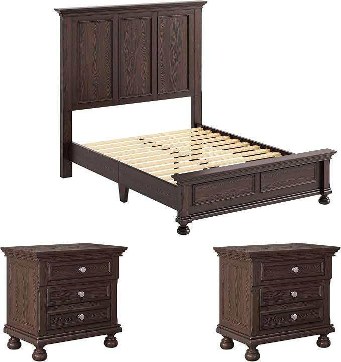 AMERLIFE Solid Wood 3 Piece Bedroom Set Including 65.2" High Queen Bed Frame, Fully Assembled Nightstands Set of 2 with 2 Storage Drawers for Bedroom, Dark Brown