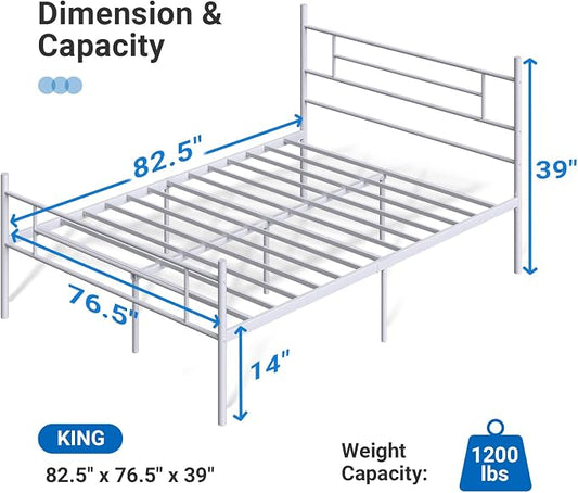 Avenco Metal Platform Bed Frame King Size with Classical Headboard and Footboard, 14 Inch, Under Bed Storage, Strong Metal Slats Support, Mattress Foundation, No Box Spring Needed