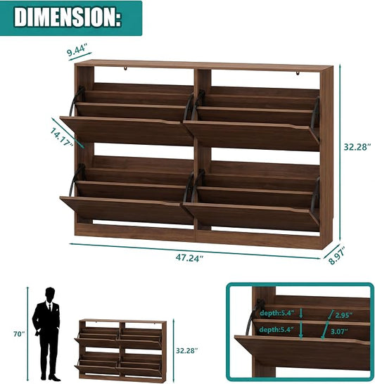 Xixini Shoe Storage Cabinet for Entryway with 4 Flip Drawers, Sturdy Wood Hidden Shoe Storage, Freestanding Narrow Slim Shoe Organizer for Front Door Entrance, Living Room, Hallway, Bedroom, Walnut