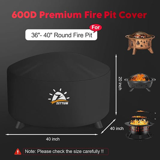 Zettum Fire Pit Cover Round 40 Inch - Outdoor Firepit Cover Heavy Duty & Waterproof, 600D Patio Fire Table Cover Gas Fire Pit Accessories Fade & Weather Resistant - 40 x 40 x 20 Inch