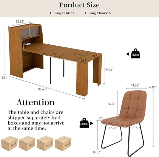 HIPIHOM Dining Table Set for 6, Extendable 86.6" with Storage | Space-saving MDF Kitchen Table with 6 Upholstered U-shaped Brown Chairs, Ideal for Apartment, Living Room