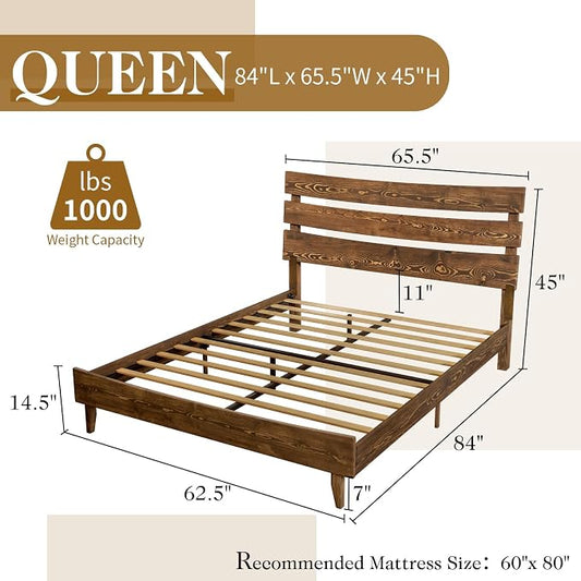 LUXOAK 14 Inch Solid Wood Bed Frame with Headboard, Japanese Bed Frame, Mid-Century Style Queen Size Platform Bed with Wood Slats Support, No Box Spring Needed, Easy Assembly, Chocolate