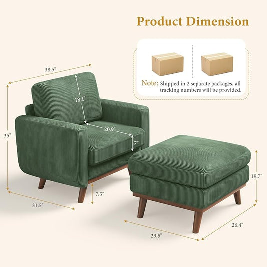 Vesgantti 38.5" Accent Chair with Movable Ottoman, Comfy Corduroy Armchair with Spring Cushion, Reading Chair with Ottoman, Modern Single Sofa for Living Room, Bedroom and Apartment, Green