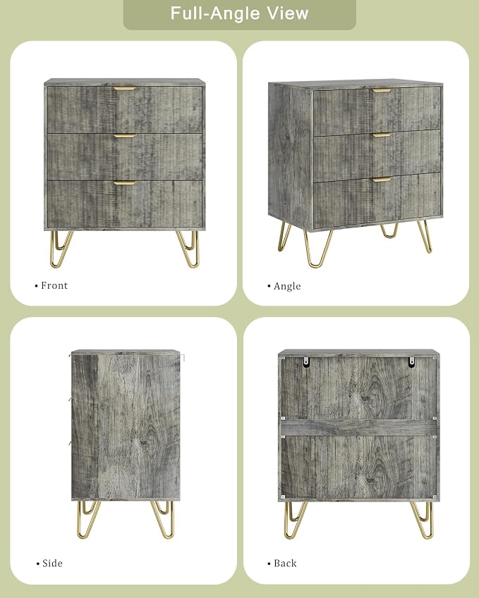 Grey Dresser for Bedroom, Modern Fluted 3 Drawer Dresser with Storage, Dresser Chest of Drawers with Gold Handles for Bedroom, Living Room, Closet, Hallway, 15.8" D x 23.6" W x 27.6" H