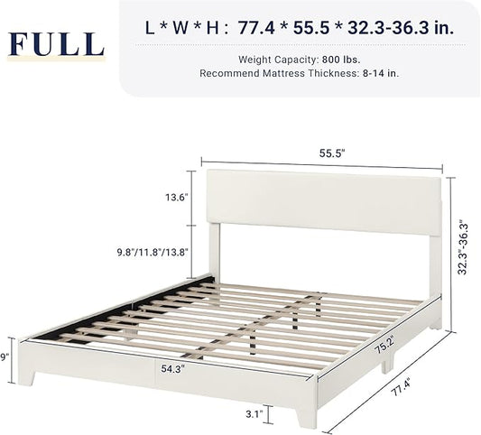 Allewie Full Size Bed Frame with Adjustable Headboard, Faux Leather Platform Bed with Wood Slats, Heavy Duty Mattress Foundation, No Box Spring Needed, Noise-Free, Easy Assembly, White