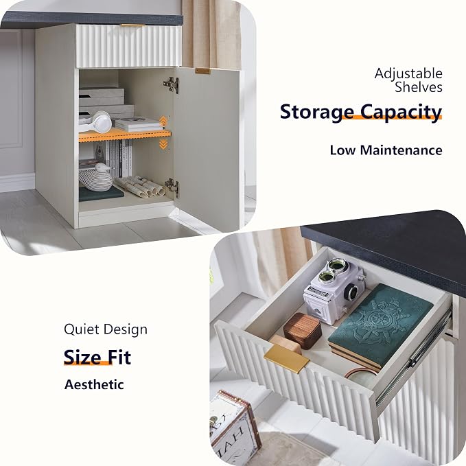 60" Fluted Home Office Desk, Reversible Left‑Right Cabinet, Built‑in Outlet | Reversible design lets you fix the cabinet on left‑hand or right‑hand side to fit your room layout