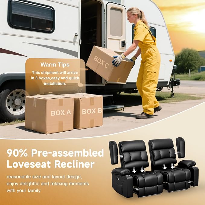 Power RV Loveseat Recliner Sofa, Electric Reclining Loveseat RV Couch with USB & Type-C Ports, Zero Wall Hugger RV Furniture with Storage & LED Light for Travel Trailers Home Theater Seating